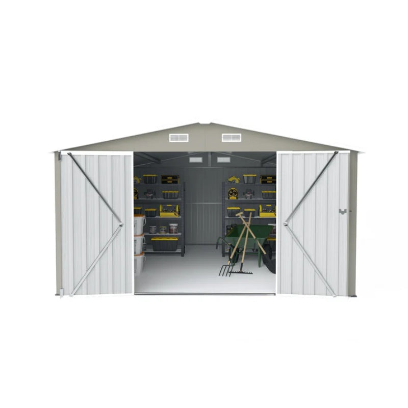 Campcraft Outdoor Storage Shed 10×14 FT with 3 Lockable Doors,Utility Tool Shed Metal Storage Garden Sheds Frame and 4 Vents,for Backyard,Patio,Lawn,Light Grey-海智集-Default-