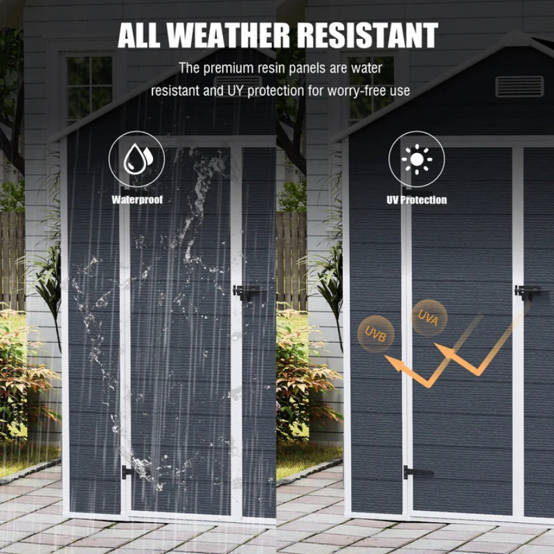 Campcraft 6*6ft resin storage shed, high quality pp material, strong structure, waterproof, rust and UV proof, large storage space, 12mm thick pp board, HD window lighting Dark gray-海智集-Default-