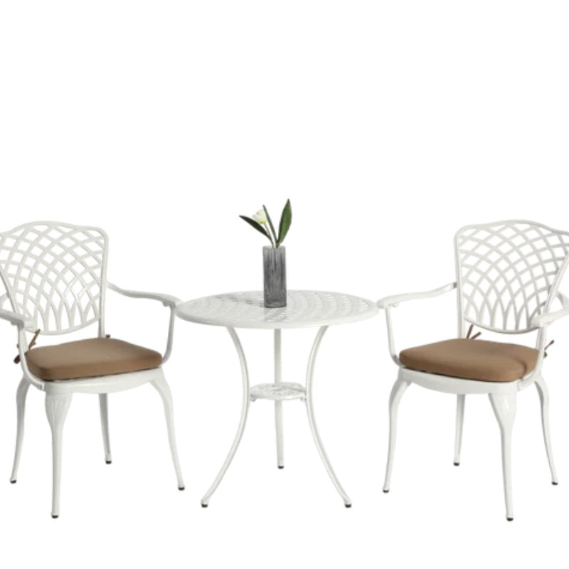 3 Piece Patio Bistro Set Cast Aluminum Bistro Table and Chairs Set of 2 with Umbrella Hole,All Weather Metal Bistro Table Set,Outdoor Patio Furniture Set for Garden with cushion White-海智集-Default-