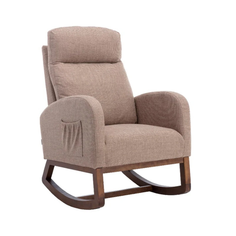 Rocking Chair, Modern Glider Chair, Recliner Armchair with Wood Legs and Side Pocket, Nursery Rocking Accent Chair with High Back for Living Room Bedroom (Camel linen)-海智集-Default-