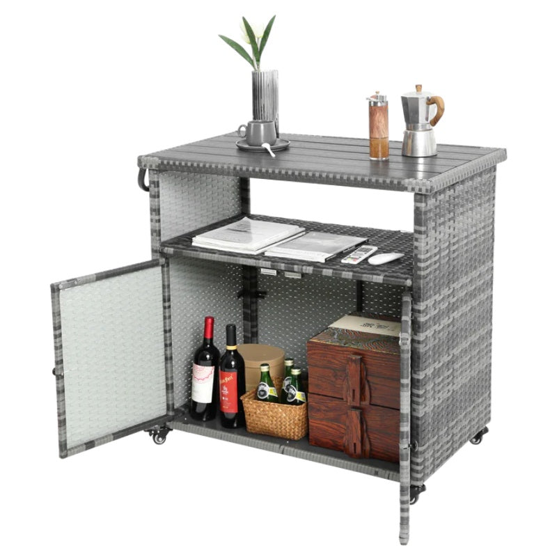 Outdoor Wicker Bar Cart, Patio Wine Serving Cart w/Wheels , Rolling Rattan Beverage Bar Counter Table w/Glass Top for Porch Backyard Garden Poolside Party, Light brown-海智集-Default-