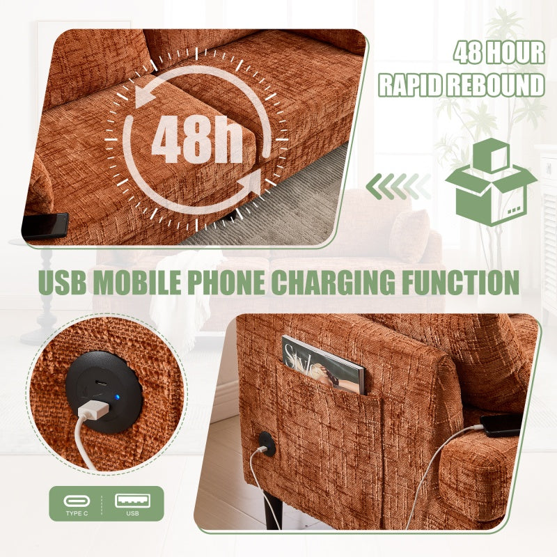 Modern Style Chenille 2-Seater Sofa with LED Light, USB Charging Port & Storage Bag in Orange-海智集-Default-