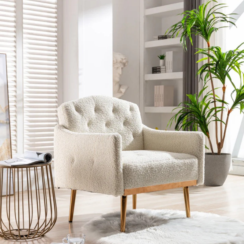 COOLMORE Modern Accent Chair with Arms, Tufted Decorative Fabric Armchair with Gold Metal Legs, Upholstered Reading Chair for Living Room Bedroom Office (White Teddy)-海智集-Default-