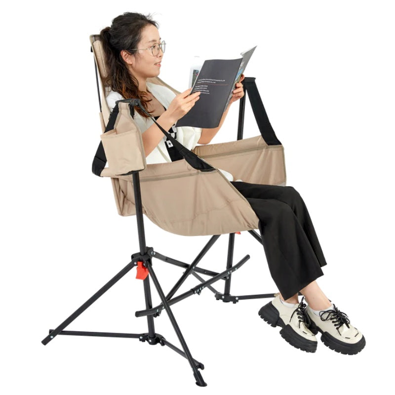 Hammock Camping Chair, Folding Portable Rocking Chair, Aluminum Alloy Adjustable Back Swinging Chair with Pillow Cup Holder, Recliner with Carry Bag for Outdoor Travel Lawn Backyard, KHAKI-海智集-Default-