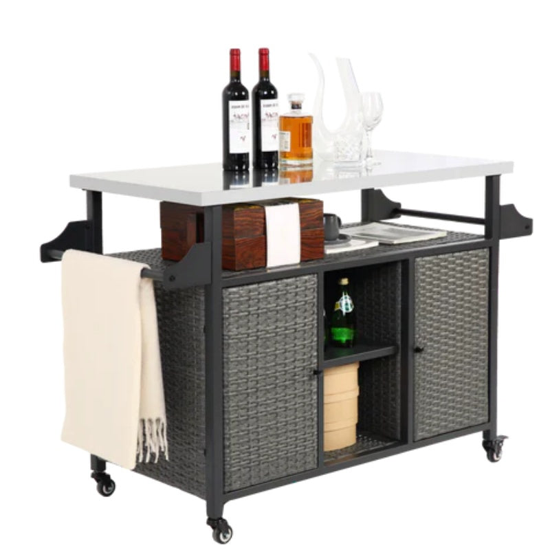 Large bar cart,Outdoor Kitchen Wicker Island Rolling Cart & Storage Cabinet, Wheels and Stainless Steel Extended Table Top, Side Handle for Patio Kitchen or Bar Cart, Grey-海智集-Default-