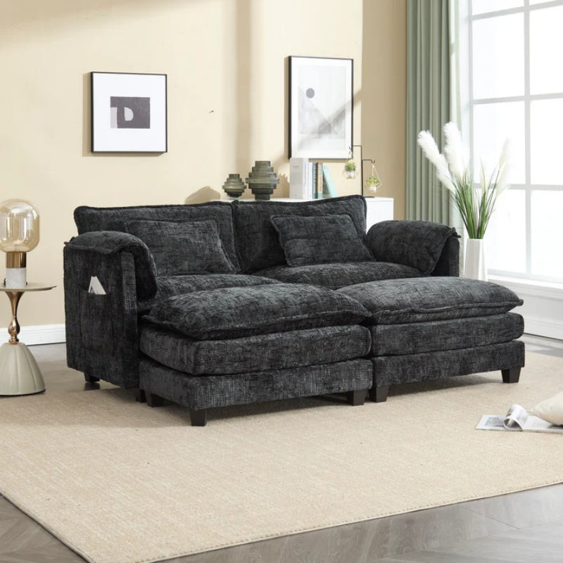 UNITED WE WIN Chenille fabric, solid construction, the overall structure of the sofa is stable, detachable armrests, two foot stools and two-seat sofa with side pockets-海智集-Default-