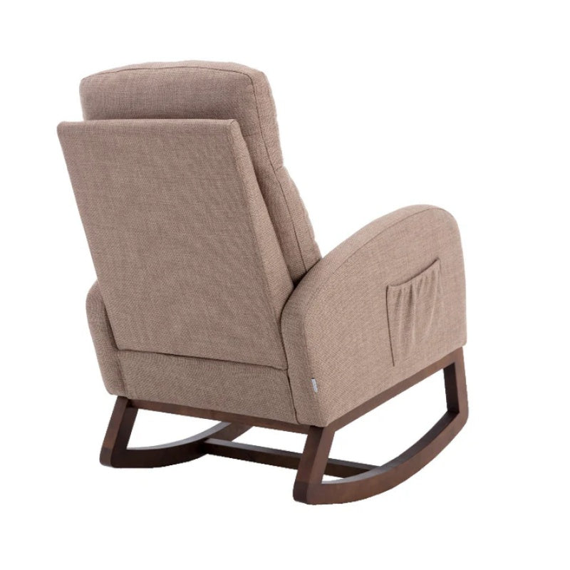 Rocking Chair, Modern Glider Chair, Recliner Armchair with Wood Legs and Side Pocket, Nursery Rocking Accent Chair with High Back for Living Room Bedroom (Camel linen)-海智集-Default-