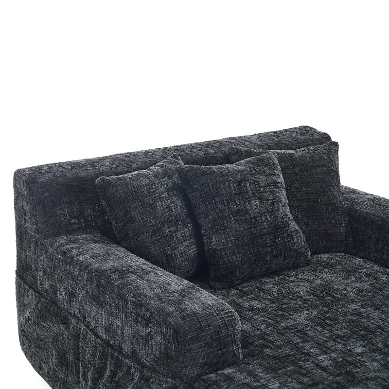 Chenille Interior Lazy Sofa Chaise Lounge Armchair with Three Pillows and Armrests, Black, Soft Chenille, 61.42x48.43x27.95 inches-海智集-Default-