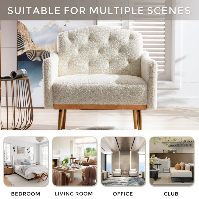 COOLMORE Modern Accent Chair with Arms, Tufted Decorative Fabric Armchair with Gold Metal Legs, Upholstered Reading Chair for Living Room Bedroom Office (White Teddy)-海智集-Default-