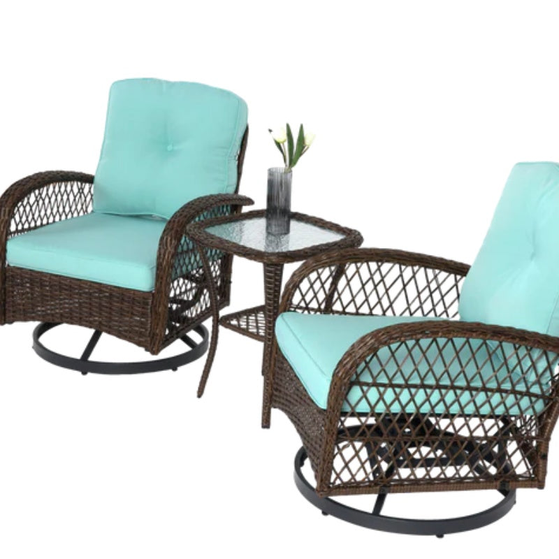 3 Pieces Outdoor Swivel Rocker Patio Chairs, 360 Degree Rocking Patio Conversation Set with Thickened Cushions and Glass Coffee Table for Backyard, Blue-海智集-Default-