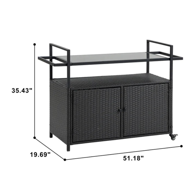Outdoor Wicker Bar Cart, Patio Wine Serving Cart w/Wheels, Rolling Rattan Beverage Bar Counter Table w/Glass Top for Porch Backyard Garden Poolside Party, Black-海智集-Default-