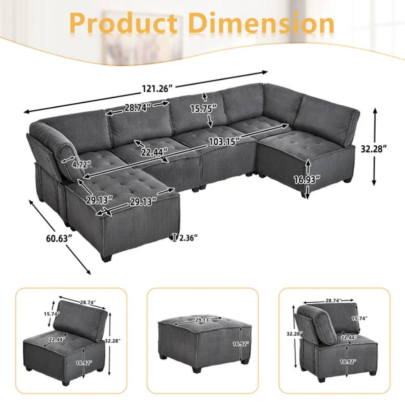 UNITED WE WIN Modular Sectional Sofa U Shaped Modular Couch with Reversible Chaise Modular Sofa Sectional Couch,6- Seat Convertible Sofa,Fit for Living Room-海智集-Default-