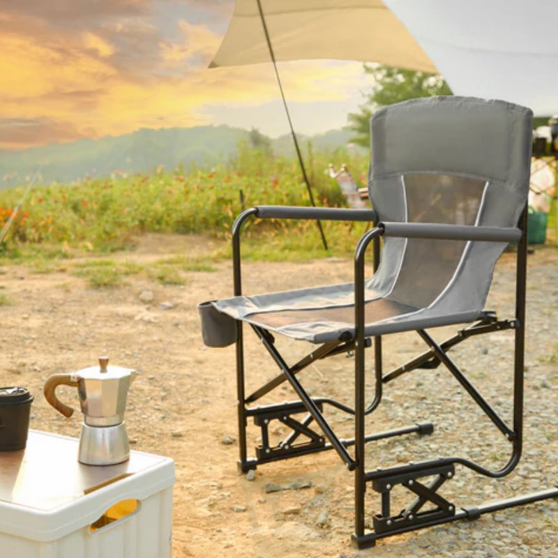 Outdoor Freestyle Rocker Camping Chair Portable Folding Rocking Chair with Solid, Durable Armrests, Drink Holder & Comfortable Backrest -Grey-海智集-Default-