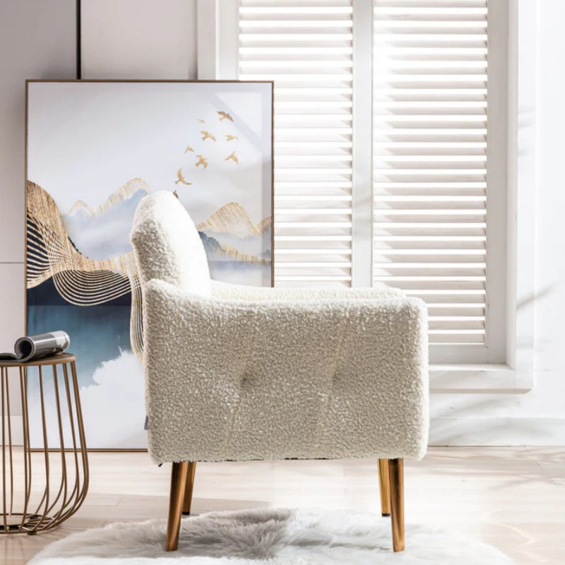 COOLMORE Modern Accent Chair with Arms, Tufted Decorative Fabric Armchair with Gold Metal Legs, Upholstered Reading Chair for Living Room Bedroom Office (White Teddy)-海智集-Default-