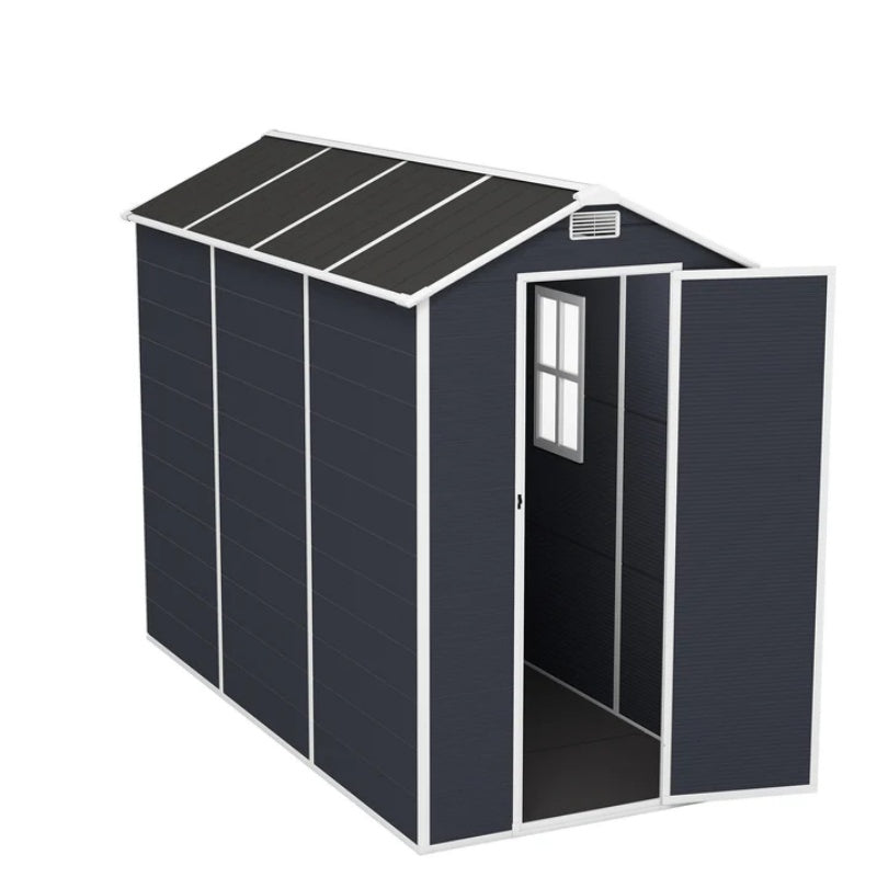 Campcraft 4*8ft resin storage shed, high quality pp material, strong structure, waterproof, rust and UV proof, large storage space, 12mm thick pp board, HD window lighting Dark gray-海智集-Default-