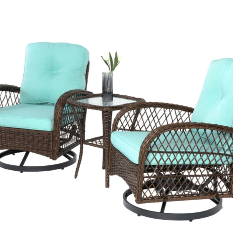 3 Pieces Outdoor Swivel Rocker Patio Chairs, 360 Degree Rocking Patio Conversation Set with Thickened Cushions and Glass Coffee Table for Backyard, Blue-海智集-Default-