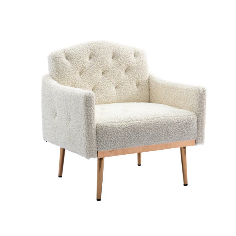 COOLMORE Modern Accent Chair with Arms, Tufted Decorative Fabric Armchair with Gold Metal Legs, Upholstered Reading Chair for Living Room Bedroom Office (White Teddy)-海智集-Default-
