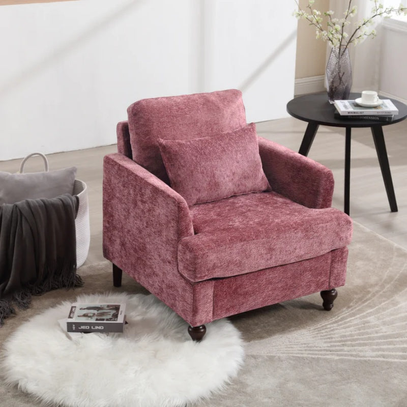 Mid Century Modern Wood Frame Armchair with Tufted Design and Studded Details in Wine Red Chenille Fabric-海智集-Default-
