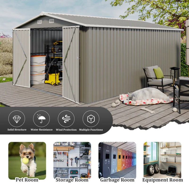 Campcraft Outdoor Storage Shed 10×14 FT with 3 Lockable Doors,Utility Tool Shed Metal Storage Garden Sheds Frame and 4 Vents,for Backyard,Patio,Lawn,Light Grey-海智集-Default-