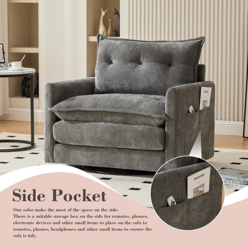 UNITED WE WIN Swivel Barrel Chair - Mid Century Modern Chair, Thick Padded Arm Chair with Solid Metal Base, Comfortable Single Sofa Chair, Swivel Accent Chair for Living Room Bedroom-海智集-Default-