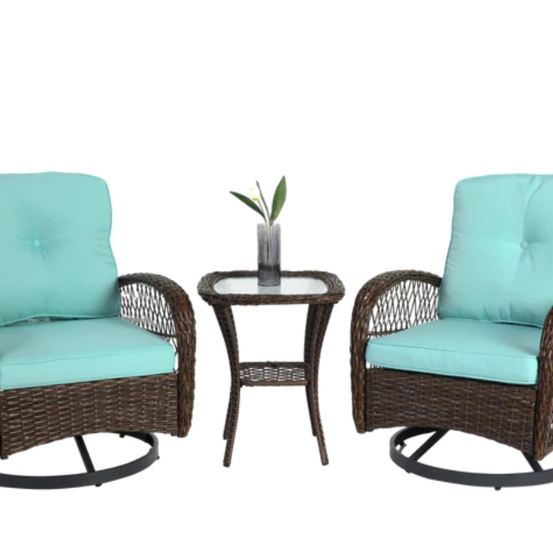 3 Pieces Outdoor Swivel Rocker Patio Chairs, 360 Degree Rocking Patio Conversation Set with Thickened Cushions and Glass Coffee Table for Backyard, Blue-海智集-Default-