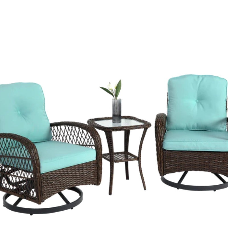 3 Pieces Outdoor Swivel Rocker Patio Chairs, 360 Degree Rocking Patio Conversation Set with Thickened Cushions and Glass Coffee Table for Backyard, Blue-海智集-Default-