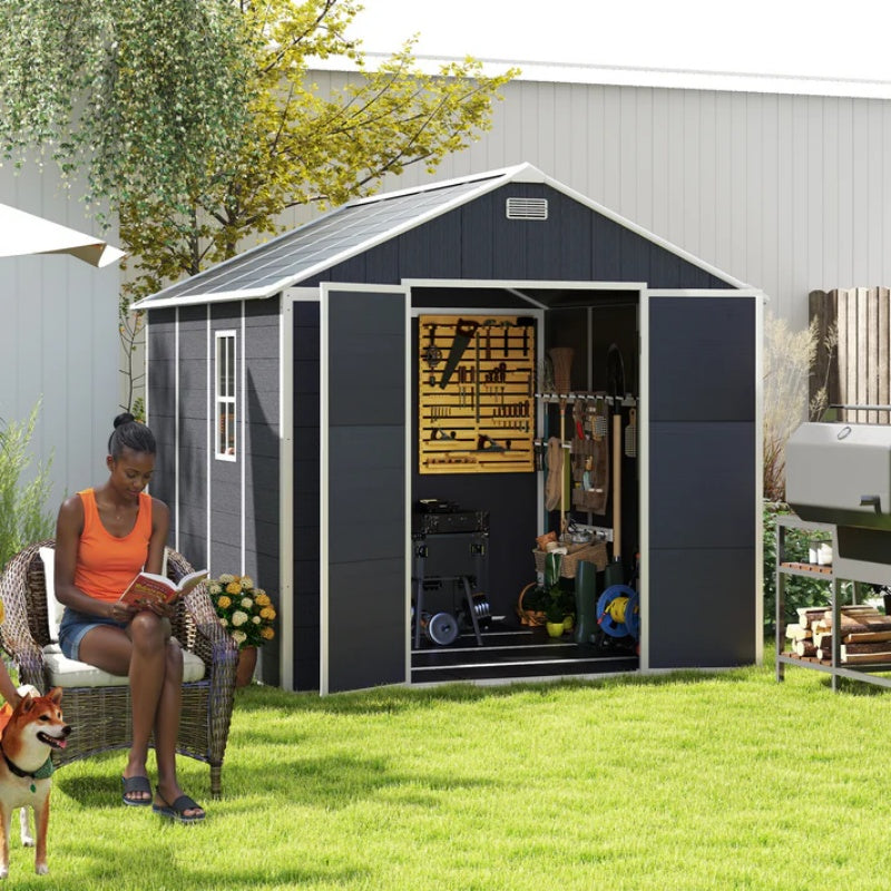 Campcraft 8*8ft resin storage shed, high quality pp material, strong structure, waterproof, rust and UV proof, large storage space, 12mm thick pp board, HD window lighting Dark gray-海智集-Default-