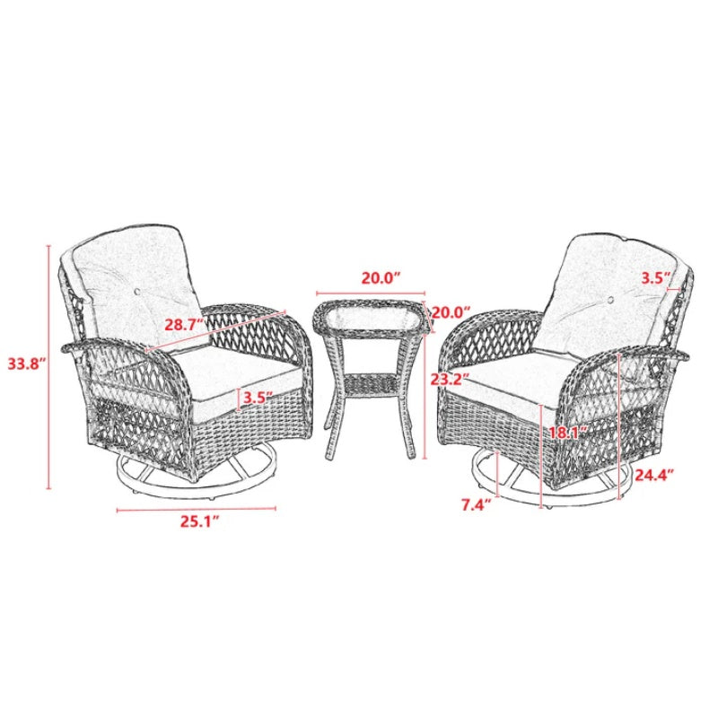 3 Pieces Outdoor Swivel Rocker Patio Chairs, 360 Degree Rocking Patio Conversation Set with Thickened Cushions and Glass Coffee Table for Backyard, Navy blue-海智集-Default-