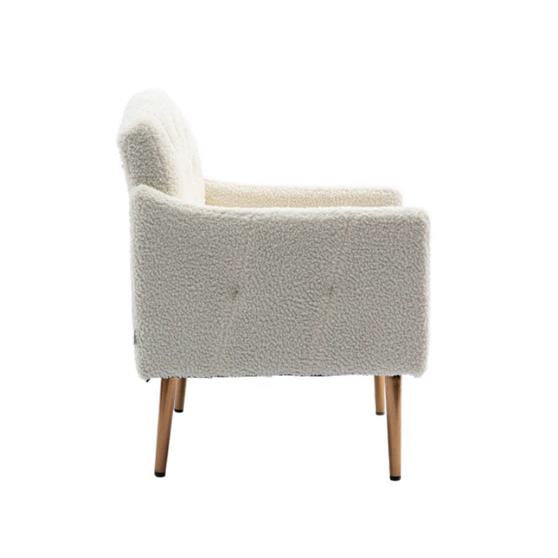 COOLMORE Modern Accent Chair with Arms, Tufted Decorative Fabric Armchair with Gold Metal Legs, Upholstered Reading Chair for Living Room Bedroom Office (White Teddy)-海智集-Default-