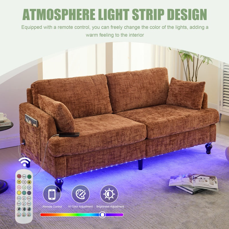 Modern Style Chenille 2-Seater Sofa with LED Light, USB Charging Port & Storage Bag in Orange-海智集-Default-