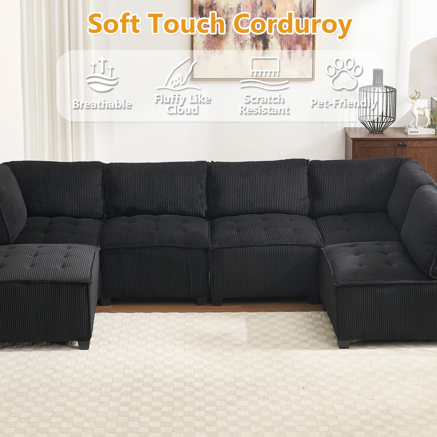 UNITED WE WIN Modular Sectional Sofa U Shaped Modular Couch with Reversible Chaise Modular Sofa Sectional Couch,6- Seat Convertible Sofa,Fit for Living Room-海智集-Default-