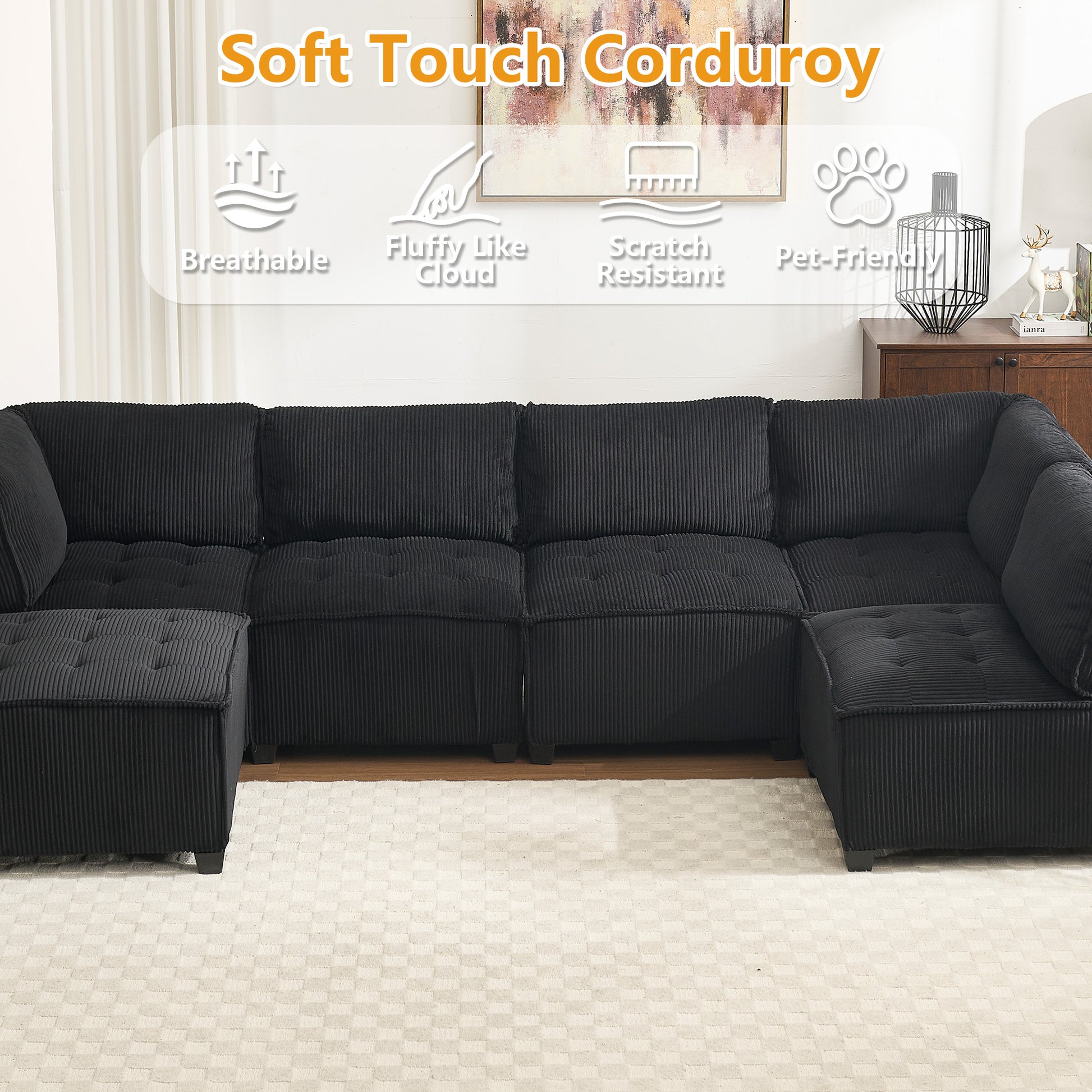 UNITED WE WIN Modular Sectional Sofa U Shaped Modular Couch with Reversible Chaise Modular Sofa Sectional Couch,6- Seat Convertible Sofa,Fit for Living Room-海智集-Default-