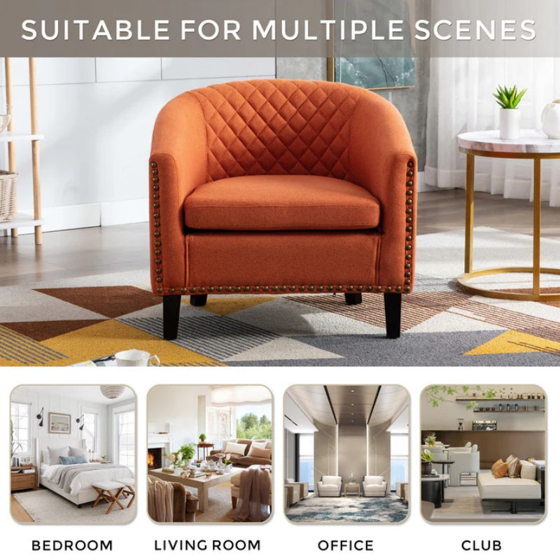 COOLMORE Barrel Chairs with Soft Padded Armrest, Club Chairs with nailheads and solid wood legs for Living Room Bedroom Waiting Room (Orange Linen)-海智集-Default-