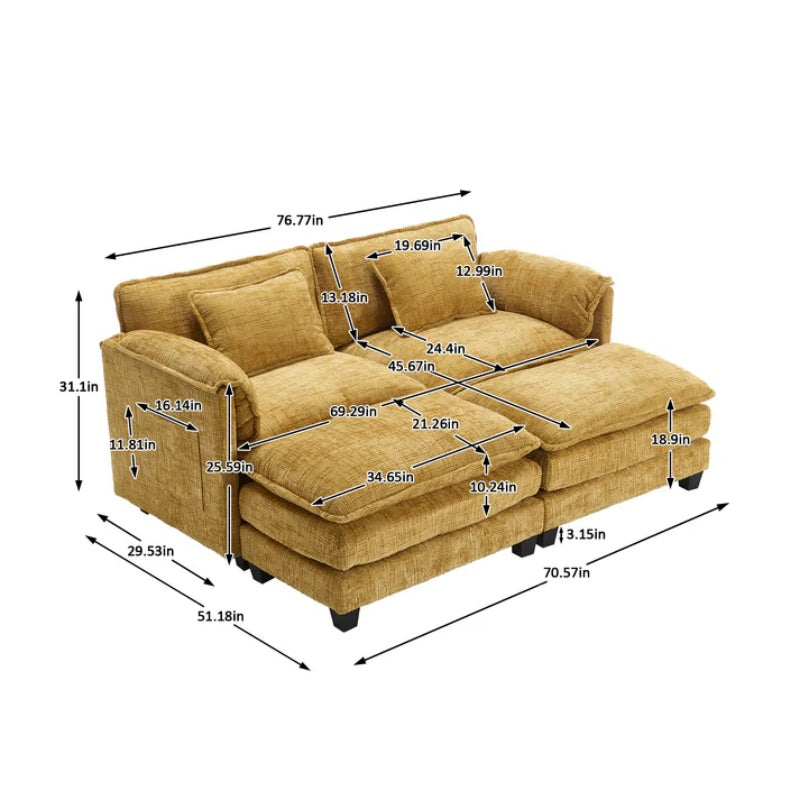 UNITED WE WIN Chenille fabric, solid construction, the overall structure of the sofa is stable, detachable armrests, two foot stools and two-seat sofa with side pockets-海智集-Default-