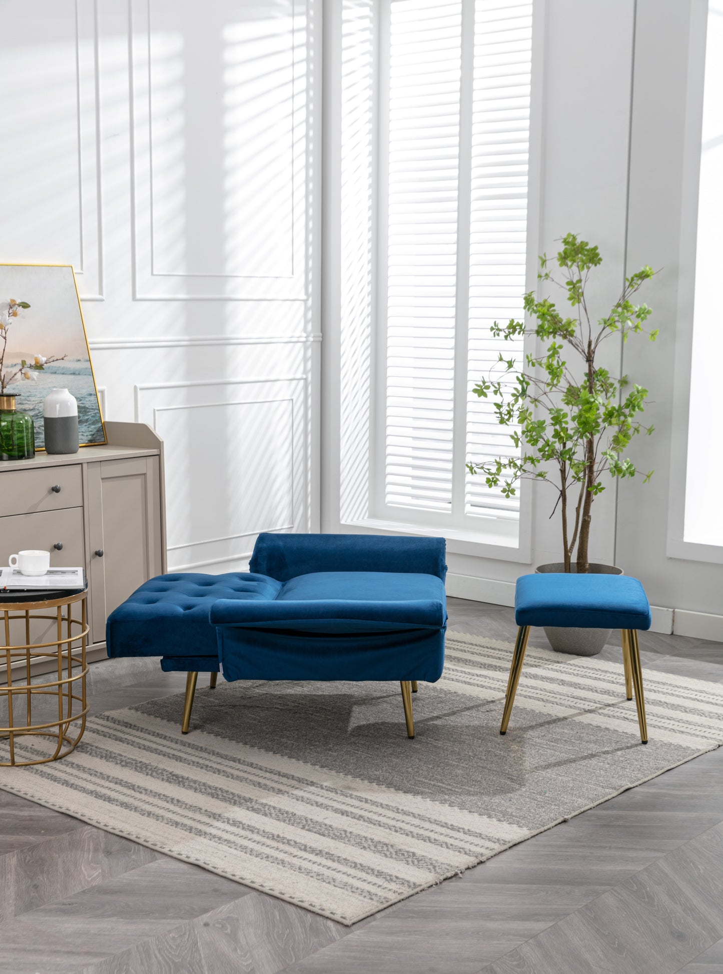 COOLMORE Velvet Accent Chair with Adjustable Armrests and Backrest, Button Tufted Lounge Chair, Single Recliner Armchair with Ottoman-海智集-Default-