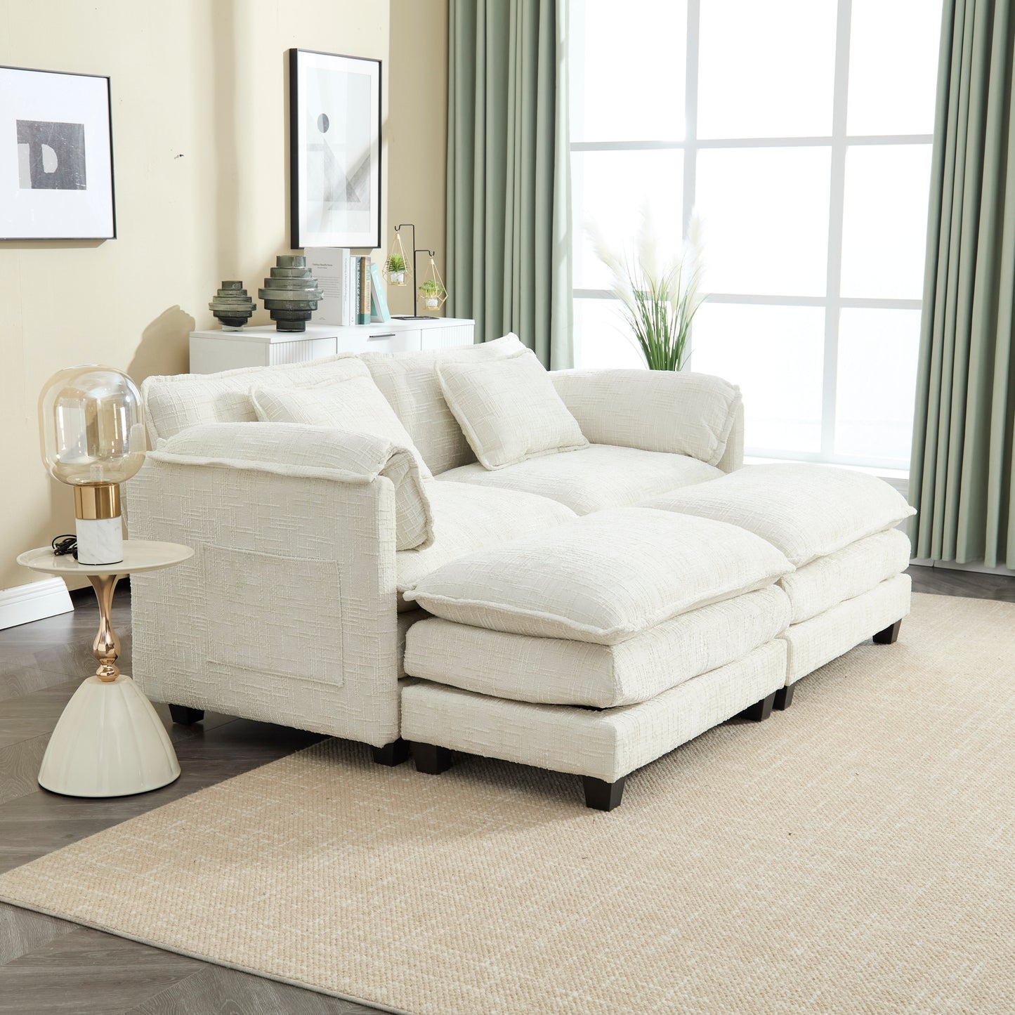 UNITED WE WIN Chenille fabric, solid construction, the overall structure of the sofa is stable, detachable armrests, two foot stools and two-seat sofa with side pockets-海智集-Default-