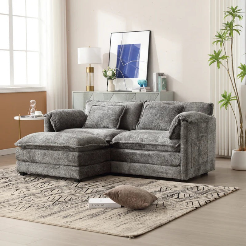 UNITED WE WIN Chenille fabric, removable armrests with side pockets, high density sponge filling, oversized double sofa with footstool-海智集-Default-