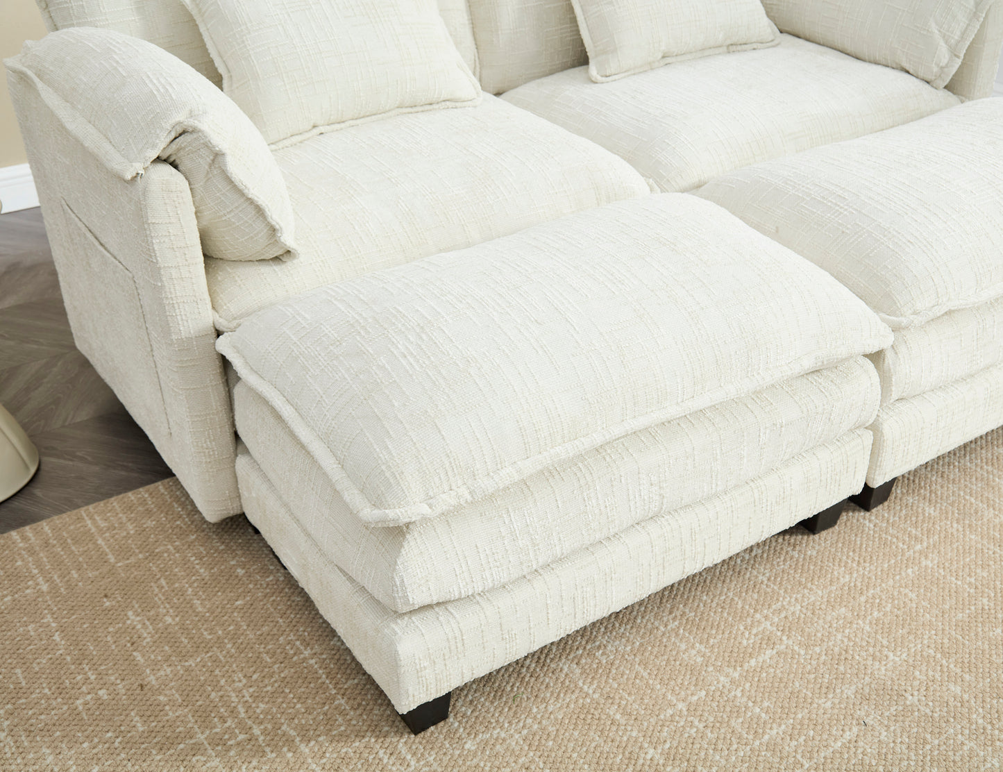 UNITED WE WIN Chenille fabric, solid construction, the overall structure of the sofa is stable, detachable armrests, two foot stools and two-seat sofa with side pockets-海智集-Default-