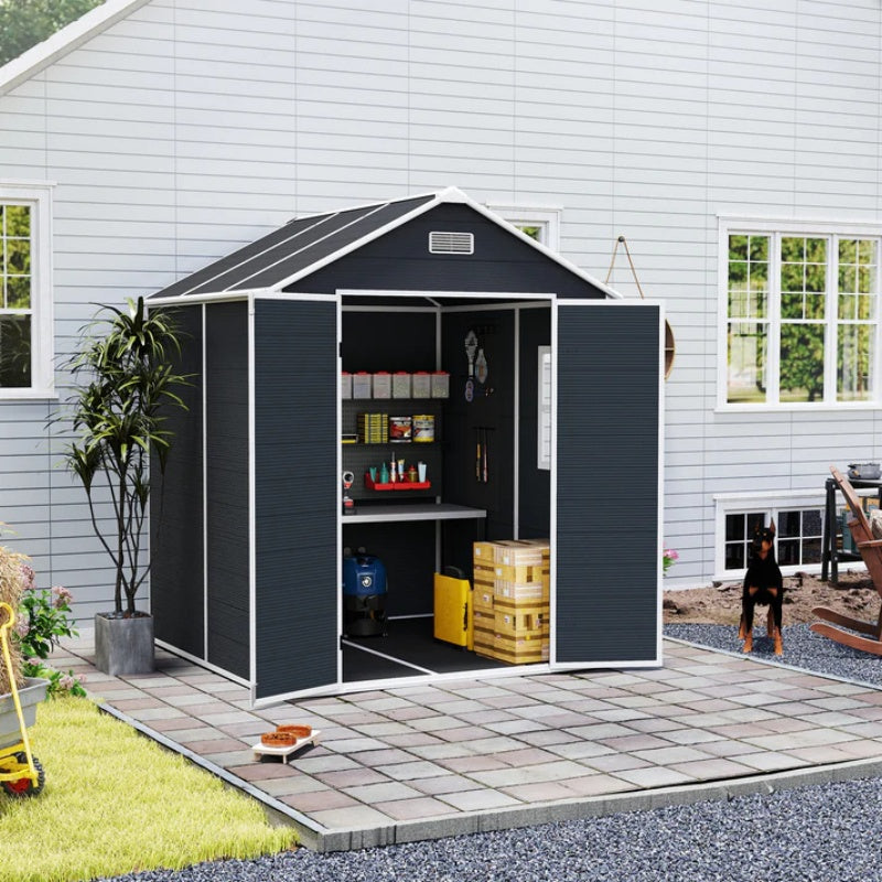 Campcraft 6*6ft resin storage shed, high quality pp material, strong structure, waterproof, rust and UV proof, large storage space, 12mm thick pp board, HD window lighting Dark gray-海智集-Default-
