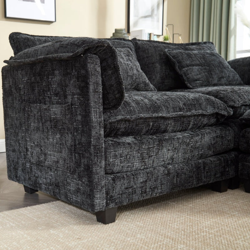 UNITED WE WIN Chenille fabric, solid construction, the overall structure of the sofa is stable, detachable armrests, two foot stools and two-seat sofa with side pockets-海智集-Default-