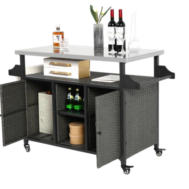 Large bar cart,Outdoor Kitchen Wicker Island Rolling Cart & Storage Cabinet, Wheels and Stainless Steel Extended Table Top, Side Handle for Patio Kitchen or Bar Cart, Grey-海智集-Default-