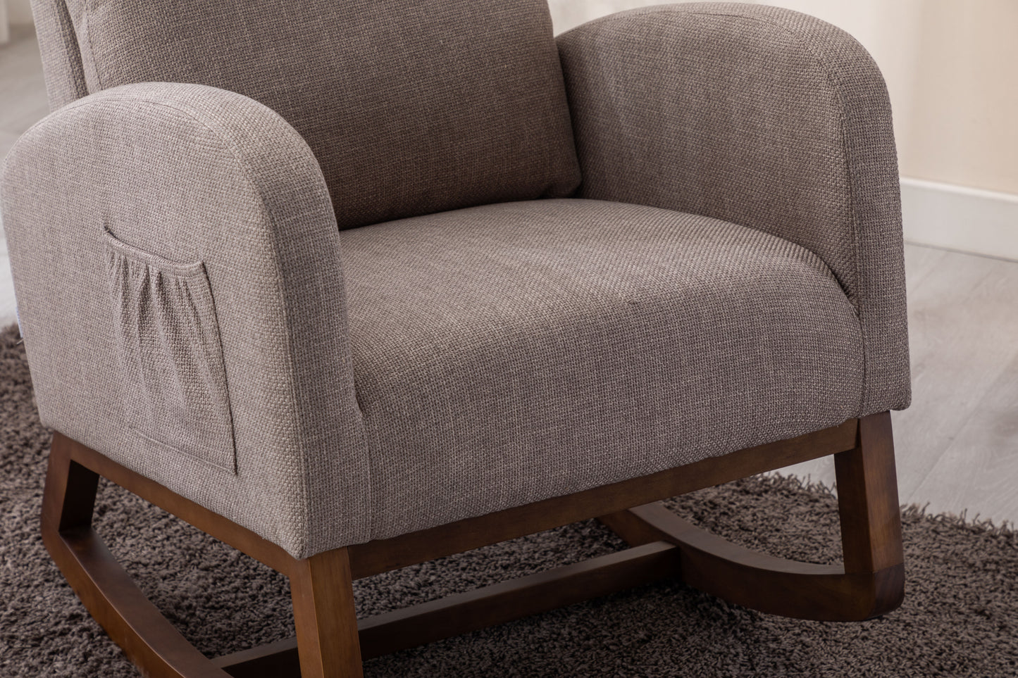 Rocking Chair, Modern Glider Chair, Recliner Armchair with Wood Legs and Side Pocket, Nursery Rocking Accent Chair with High Back for Living Room Bedroom (Grey linen)-海智集-Default-