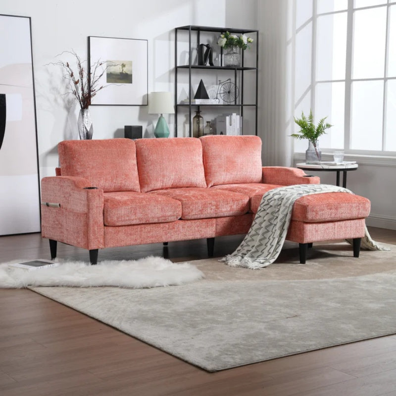 UNITED WE WIN Sofa for three, solid wood frame, Chenille fabric, side pocket, with two cup holders, footstool with storagestorage sofa /Living room sofa cozy sectional sofa-海智集-Default-