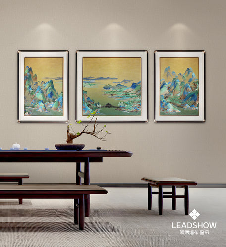 New Chinese Style Wall Art - Hand Painted Ink Landscape Canvas Painting with Wood Frame, Oriental Home Decor for Living Room/Bedroom-海智集-