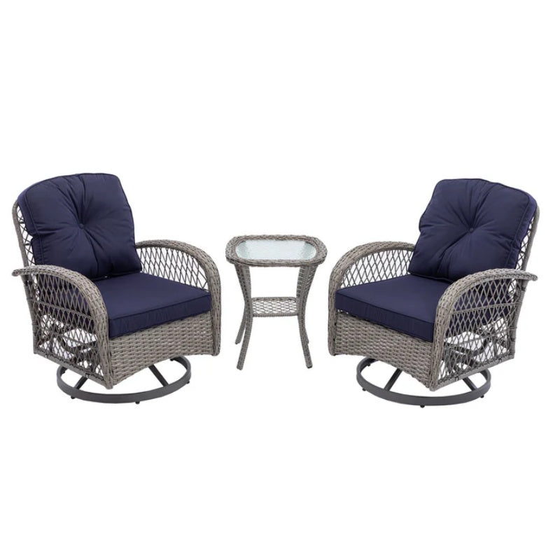 3 Pieces Outdoor Swivel Rocker Patio Chairs, 360 Degree Rocking Patio Conversation Set with Thickened Cushions and Glass Coffee Table for Backyard, Navy blue-海智集-Default-