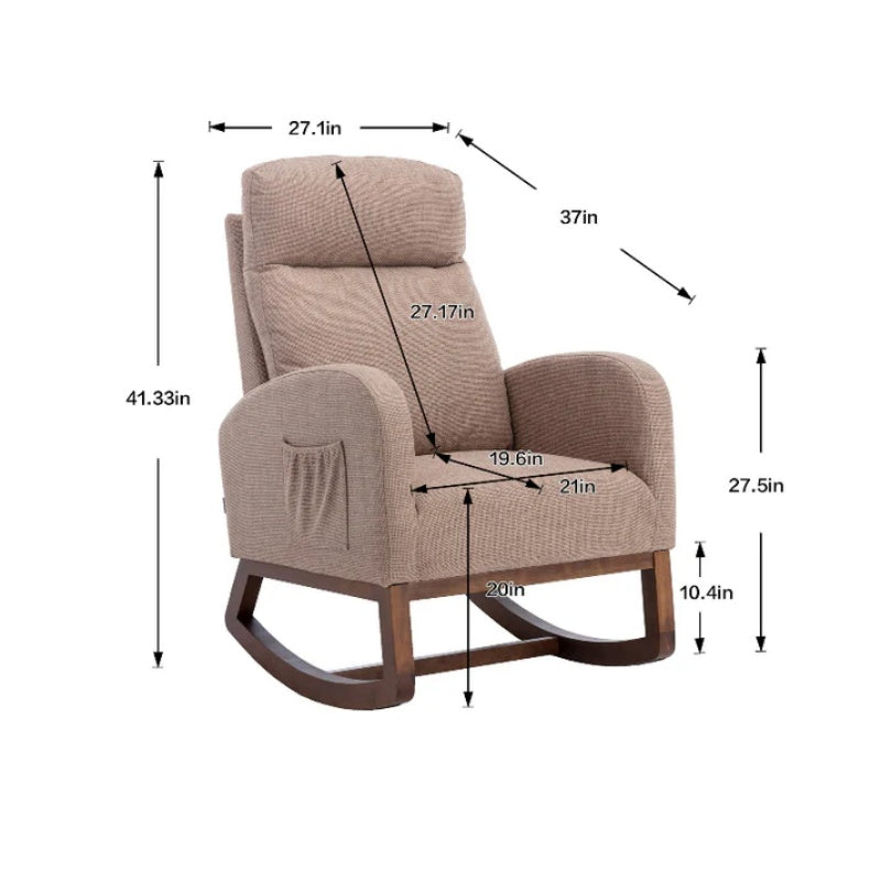 Rocking Chair, Modern Glider Chair, Recliner Armchair with Wood Legs and Side Pocket, Nursery Rocking Accent Chair with High Back for Living Room Bedroom (Camel linen)-海智集-Default-