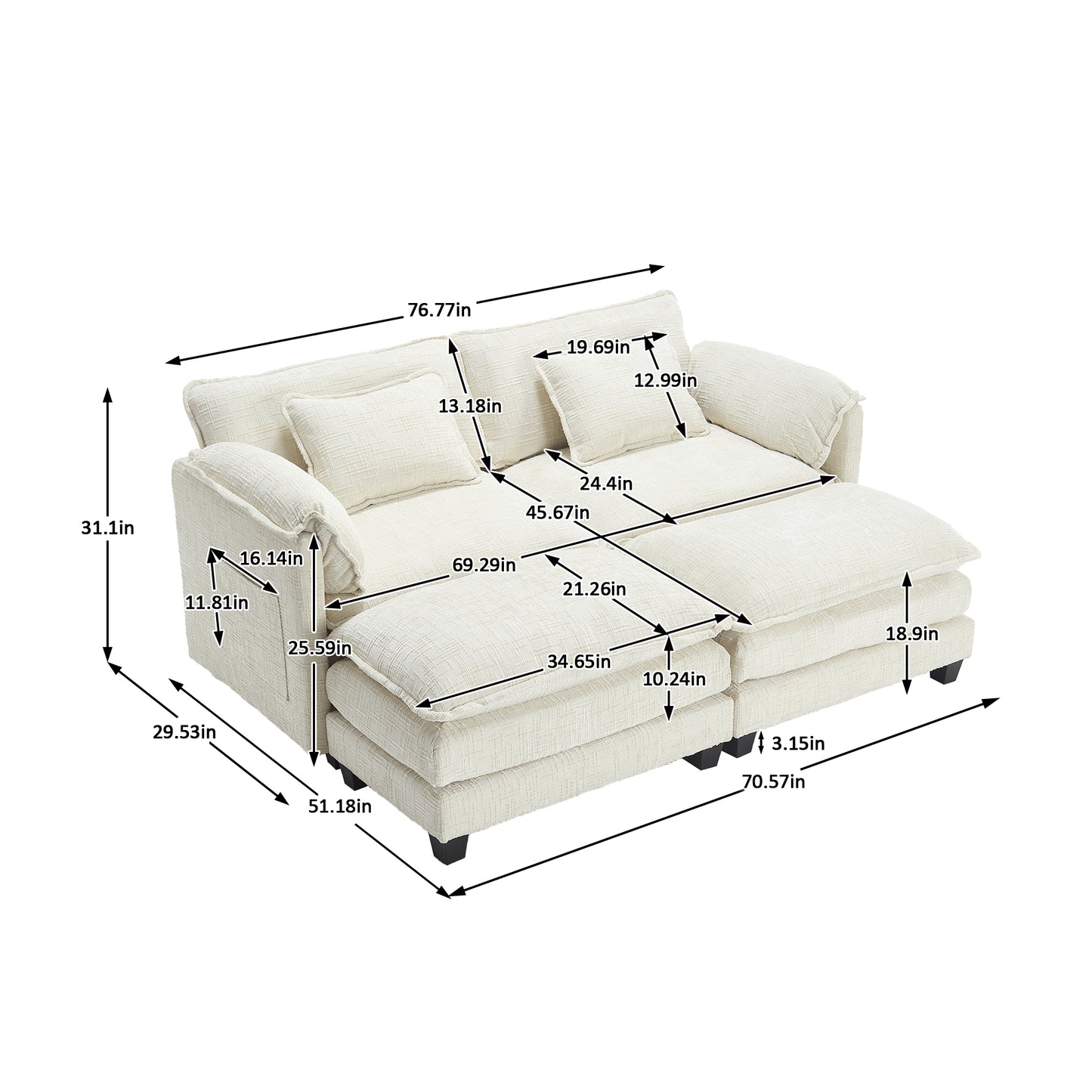 UNITED WE WIN Chenille fabric, solid construction, the overall structure of the sofa is stable, detachable armrests, two foot stools and two-seat sofa with side pockets-海智集-Default-