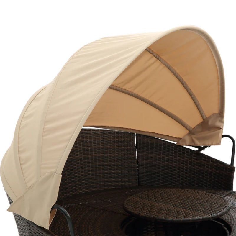 Hot Sale KD Rattan Round Lounge With Canopy Bali Canopy Bed Outdoor, Wicker Outdoor Sofa Bed with lift coffee table-海智集-Default-