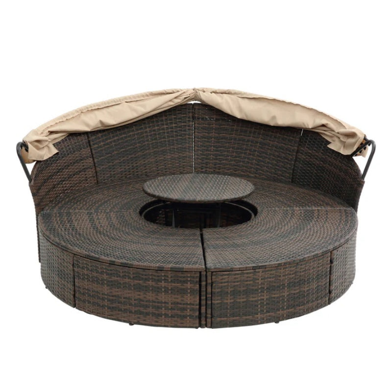 Hot Sale KD Rattan Round Lounge With Canopy Bali Canopy Bed Outdoor, Wicker Outdoor Sofa Bed with lift coffee table-海智集-Default-