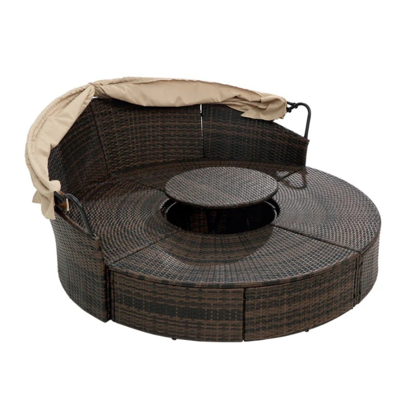 Hot Sale KD Rattan Round Lounge With Canopy Bali Canopy Bed Outdoor, Wicker Outdoor Sofa Bed with lift coffee table-海智集-Default-